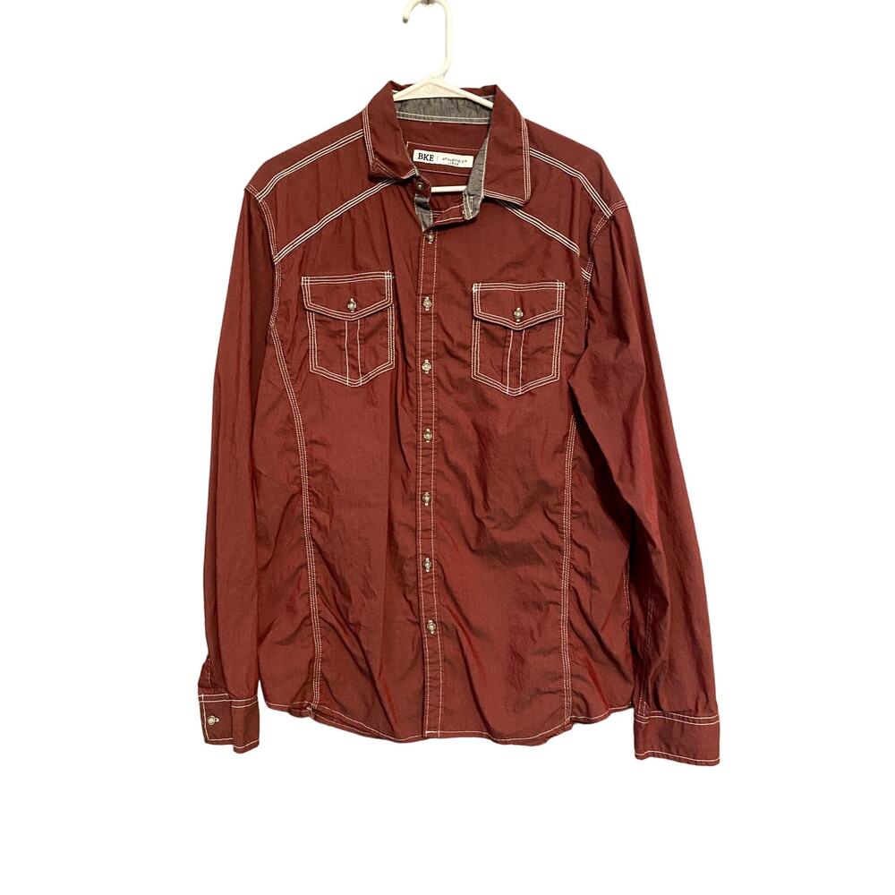 BKE Mens Large Red Button Shirt Long Sleeve White Thread Athletic Fit Collar